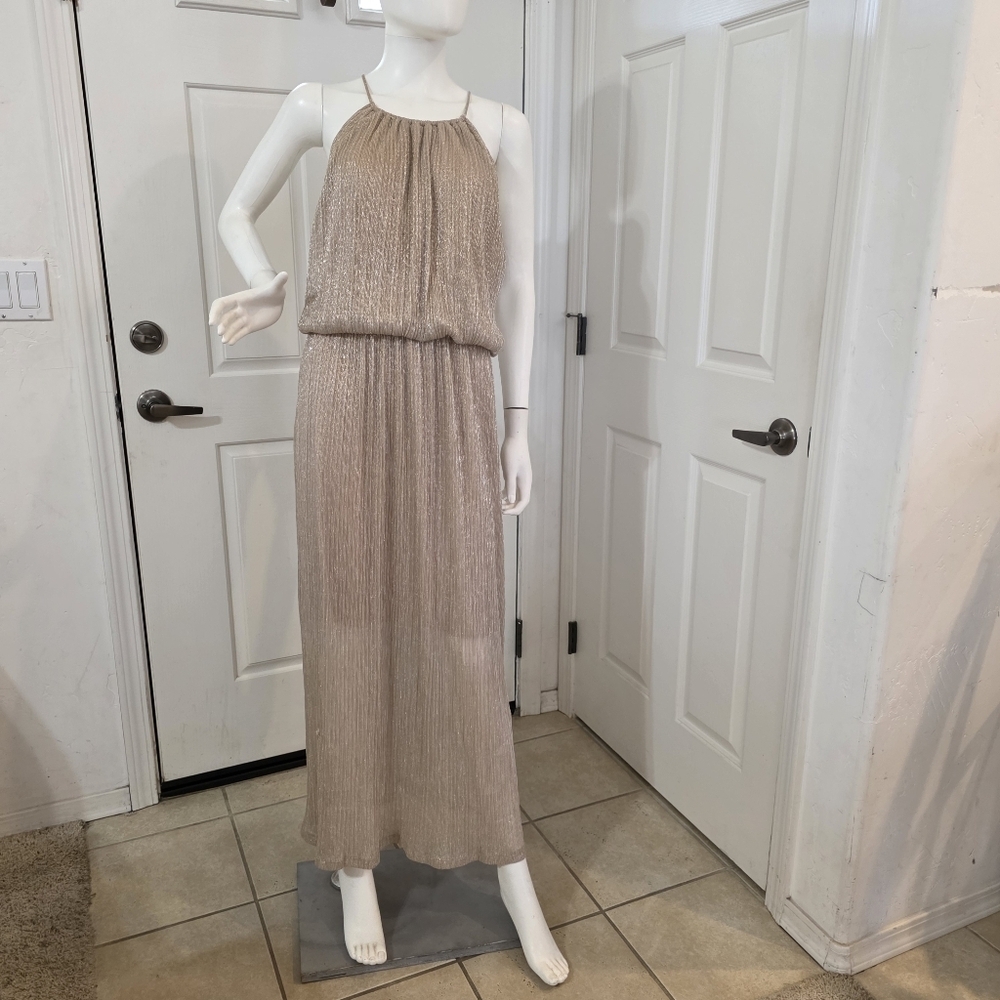 Enfocus Studio Champagne Halter Pleated Maxi Dress